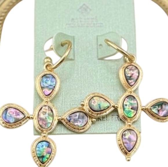 🔹️ ATTERRI🔹️ Beautiful Gold Abalone Shell Statement Drop Cross Earrings - Picture 4 of 6